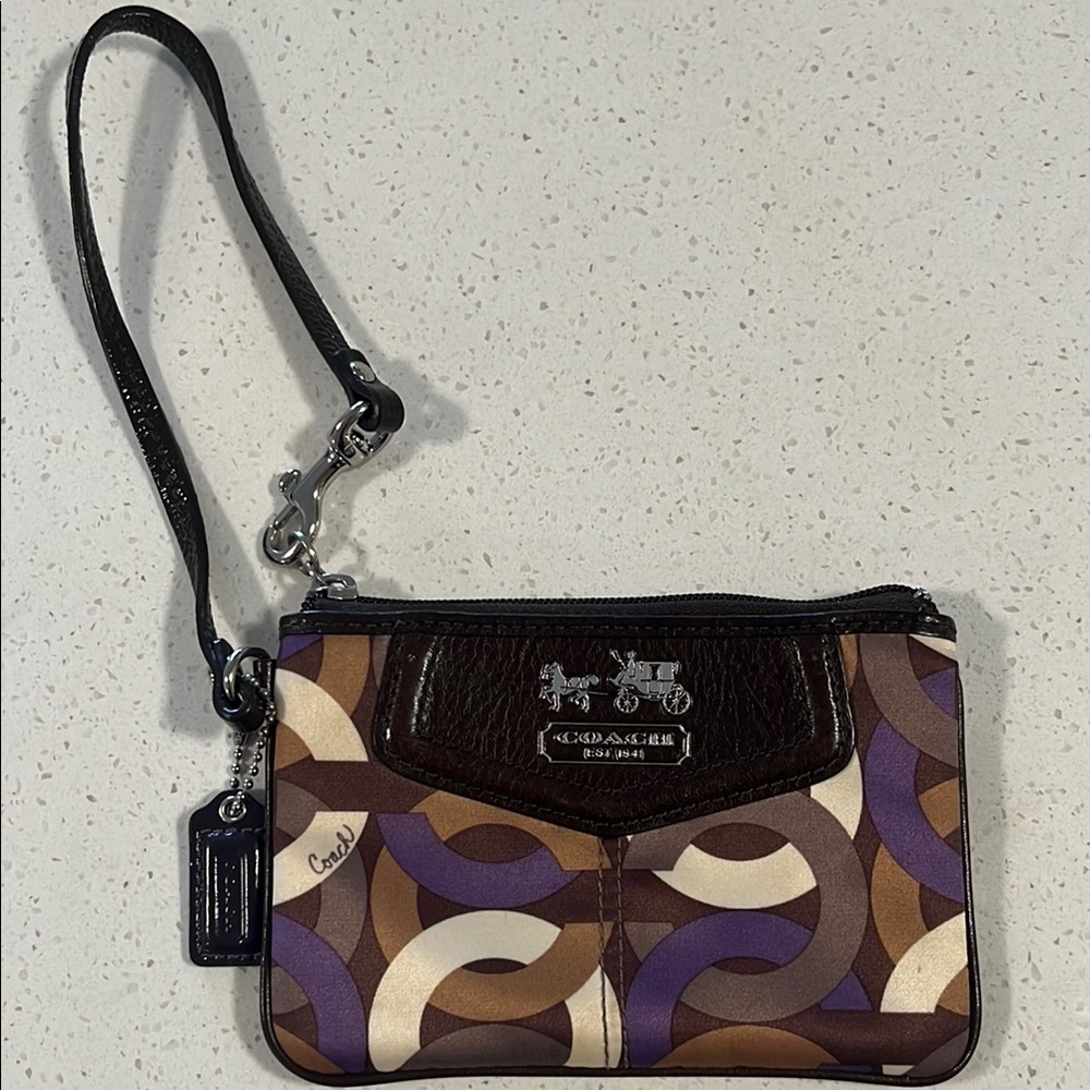 Coach Small Satin Zip Wristlet Pre-Owned Brown/Multicolor, Excellent Condition